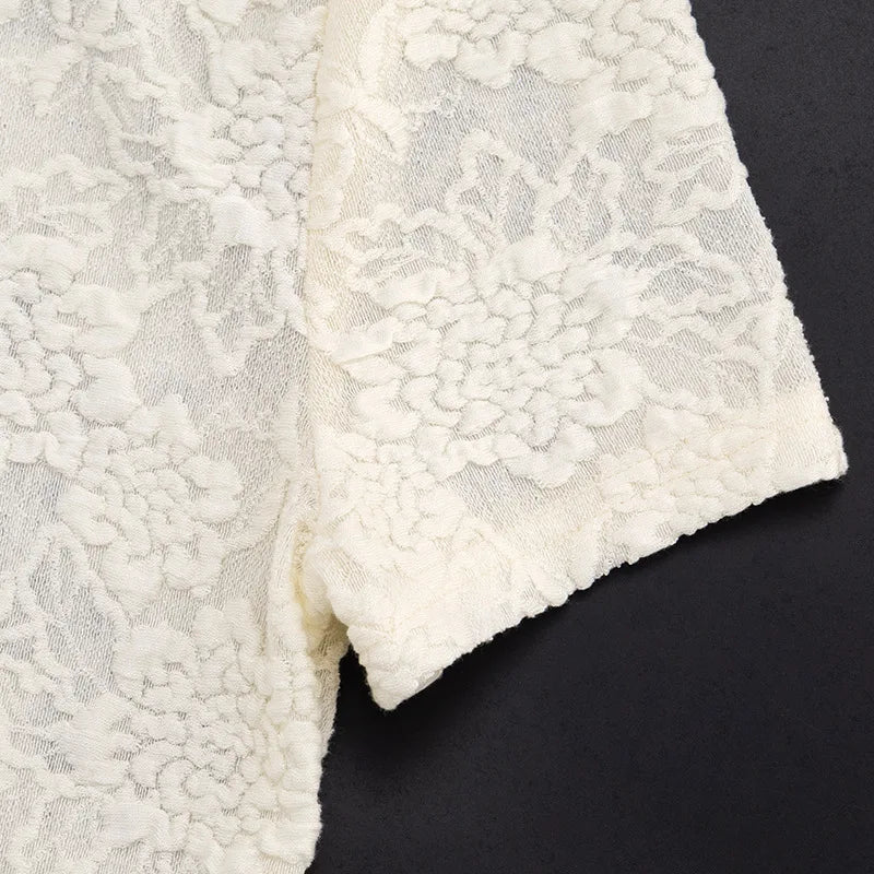 AIERTU  -  Vintage Lace Floral Embroidered Buckle T shirts Ruched Drawstring Sheer Mini Skirts Two Piece Sets for Party Event Summer Aiertu