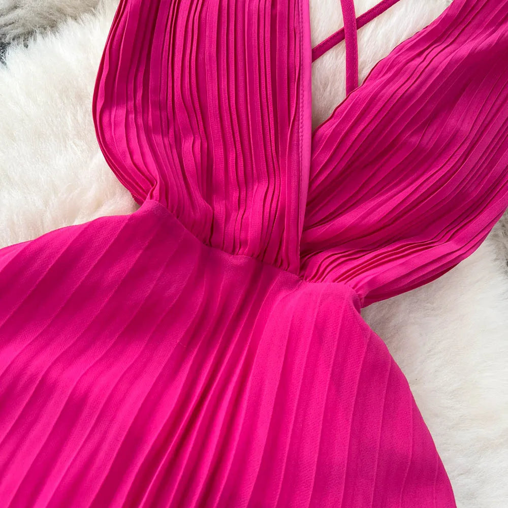 Aiertu Summer Sexy A Line Dress Deep V Neck Sling Cross Ruffles Backless Pleated Solid Women Elegant Evening Party Long Dress Aiertu