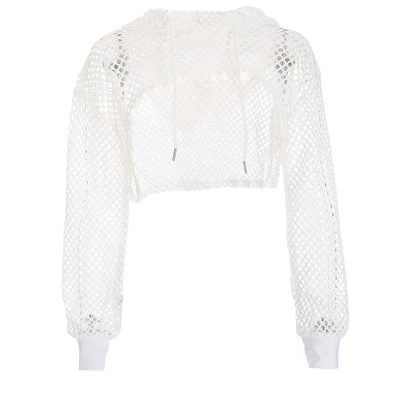 Aiertu  Street Style Fishnet Holes T Shirt See Through Hollow Out Hooded Full Sleeve Crop Top Women Casual Loose Shirt Smock Fall Aiertu