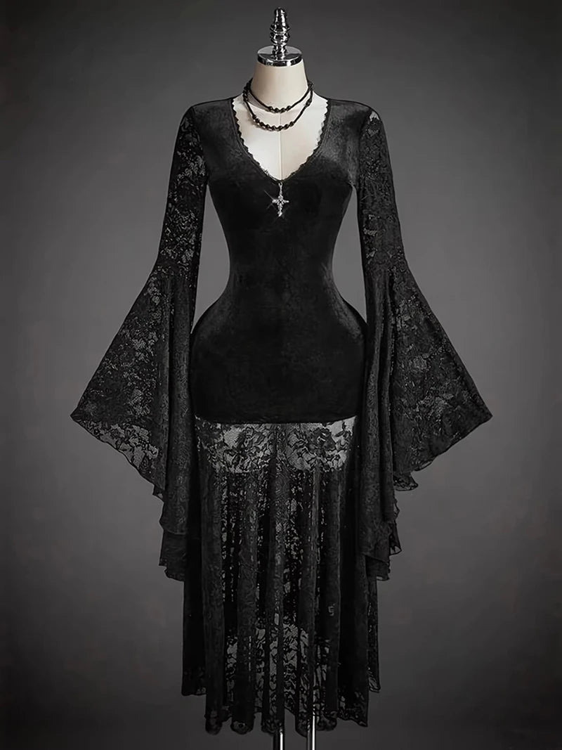 AIERTU  -  Elegant Lace Dress for Women Black V-Neck Flared Sleeve Velvet Dresses Autumn Winter Commuting Slim Fit Long Dresses Aiertu