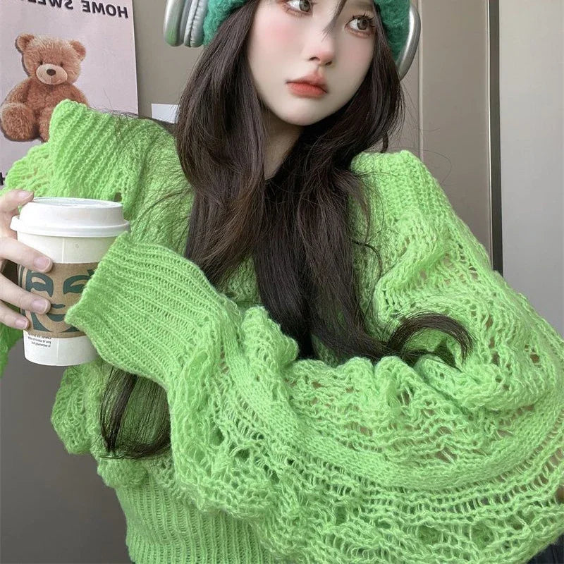 Chic Knitted Sweater Women Hollow Long Sleeved Slim Fall Pullover Elegant O-Neck Vintage Solid Twist Harajuku Cropped Jumpers Aiertu