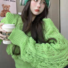 Chic Knitted Sweater Women Hollow Long Sleeved Slim Fall Pullover Elegant O-Neck Vintage Solid Twist Harajuku Cropped Jumpers Aiertu