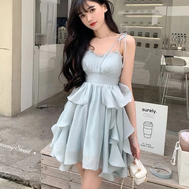 Aiertu Women's Sexy Mini Dress, Sleeveless, High Waist, Ruffle, Kawaii, Japanese, Young Girl, Casual Sundress, Summer, Aiertu