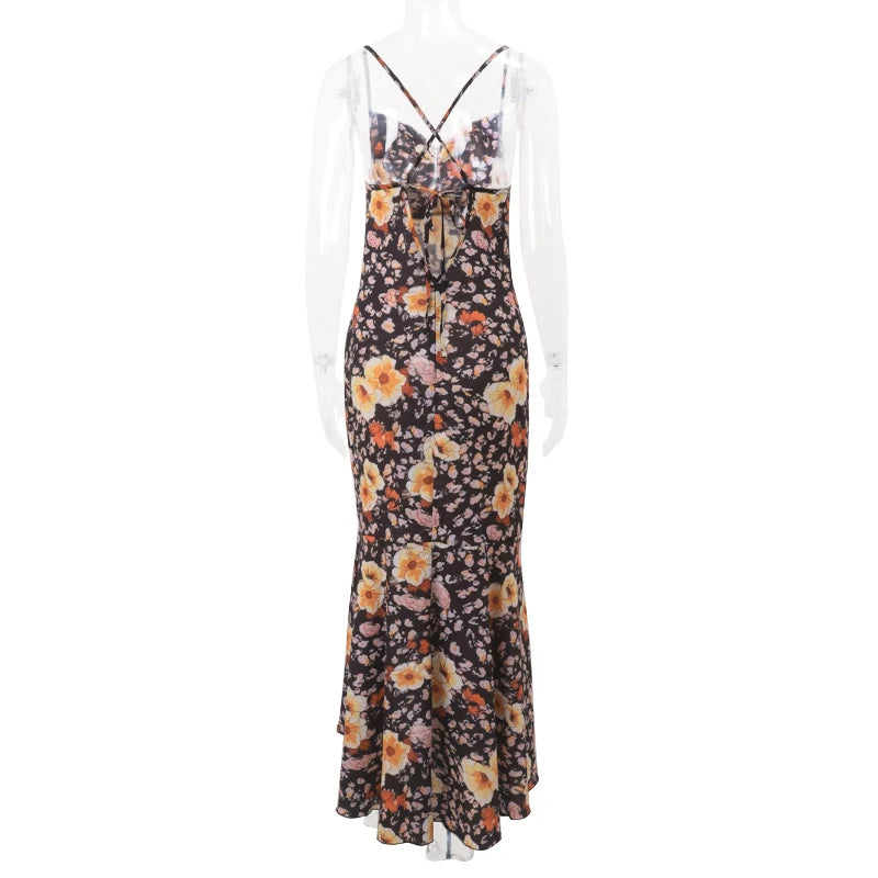 AIERTU  - Vintage Floral Printed Backless Lace Up Sexy Women's Bodycon Slimming Maxi Vestidos Holiday Party Summer Beach Strappy Robe Aiertu