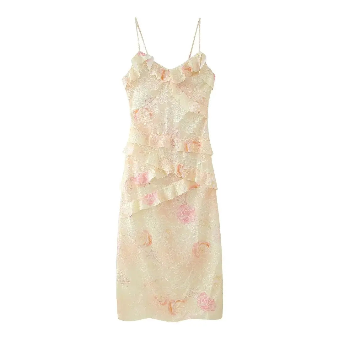Aiertu 2024 Summer New Women's French Retro V-neck Sleeveless Printed Ruffle Edge Decorative Slim Fit Hanging Strap Dress Aiertu