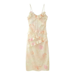 Aiertu 2024 Summer New Women's French Retro V-neck Sleeveless Printed Ruffle Edge Decorative Slim Fit Hanging Strap Dress Aiertu