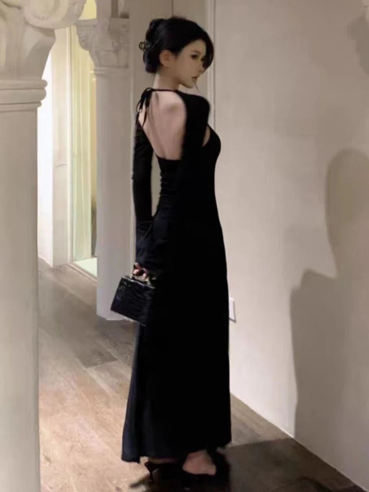 Aiertu Vintage Elegant Halter Bcakless Black Long Dress Women Retro Wrap Party Long Sleeve Maxi Dresses 2024 Spring Aiertu