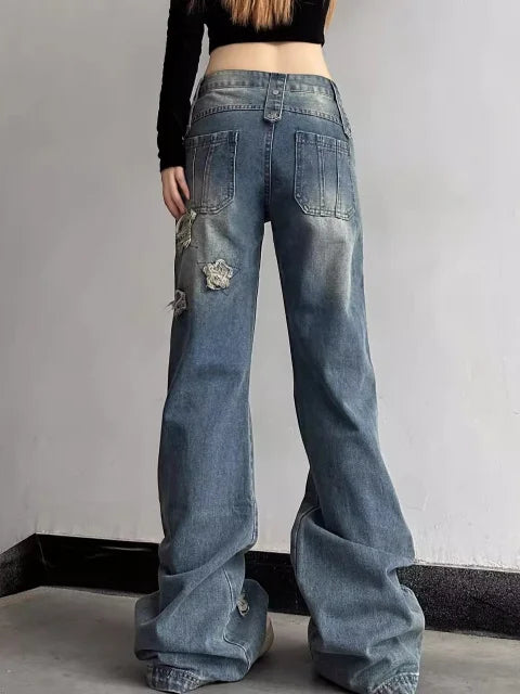 Aiertu Y2K Harajuku Wide Leg High Waist Flared Jeans Slim Ripped Pants Winter Women's Vintage Streetwear Style Denim Trouser Aiertu