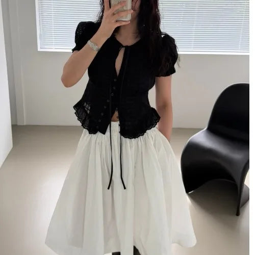 AIERTU  -  Elegant V-Neck Single-Button Embroidered Floral Pattern Women's Shirt Stylish Korean Style Top for Summer Fashionable Aiertu