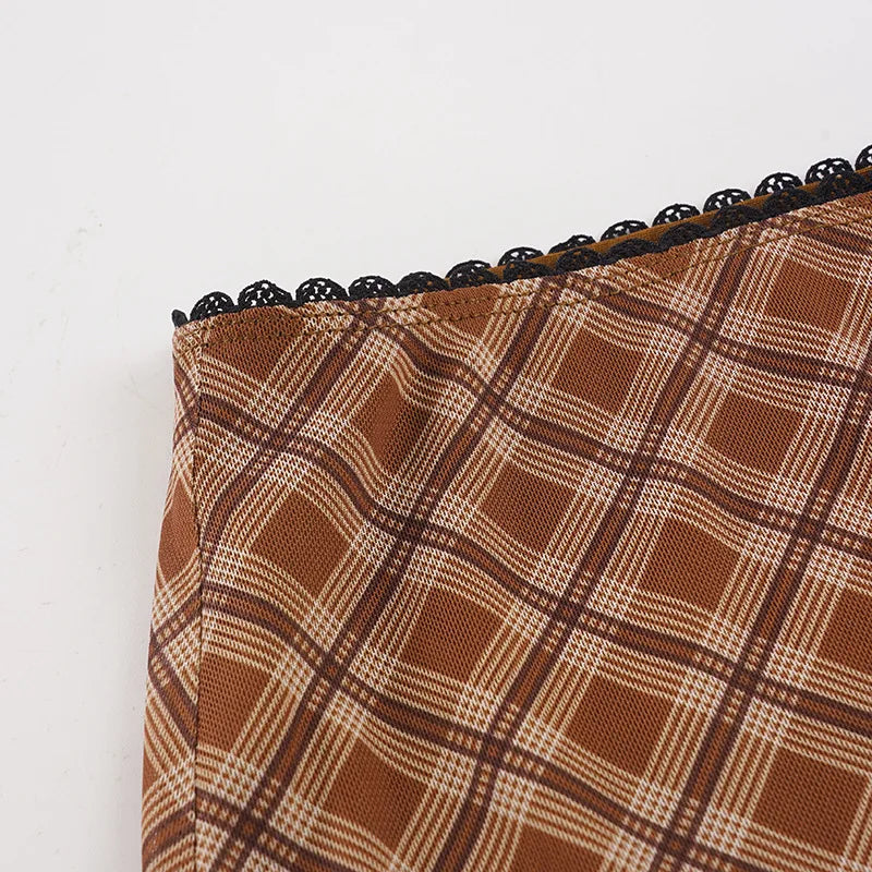 AIERTU  -  Plaid Midi Skirt High Waist Mesh A Line Skirt Brown Checkered Lace Trim Wavy Hem Vintage Streetwear Ladies Skirt Aiertu