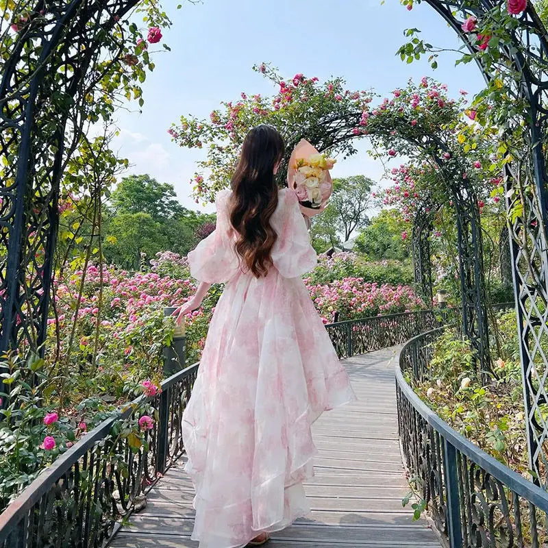 Aiertu Vintage Floral Sweet Midi Dress Women Irregular Elegant Puff Sleeve Fairy Dress Female Autumn Casual Beach Party Dress Chic Aiertu