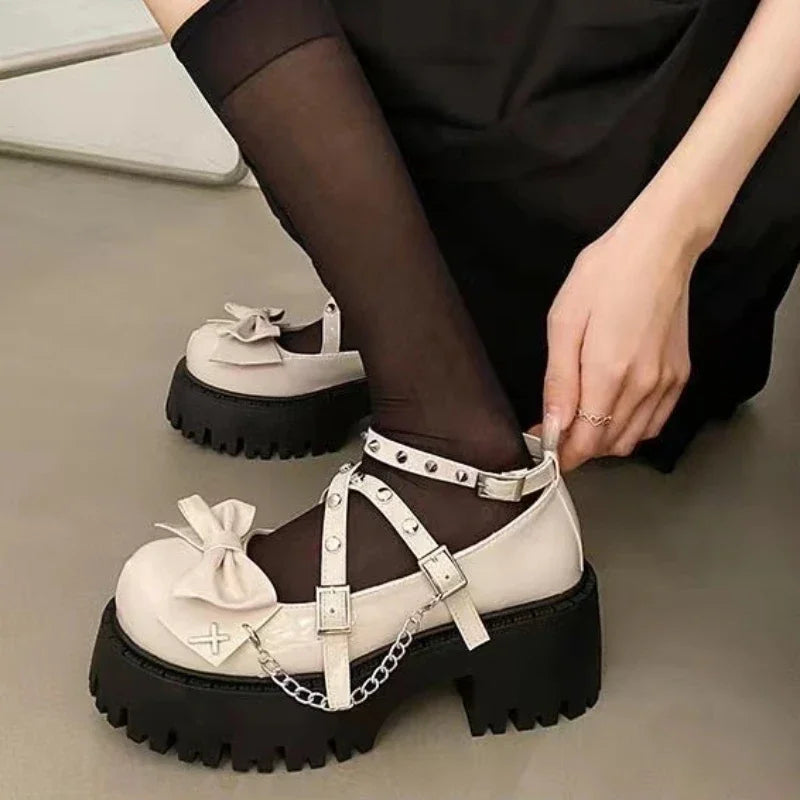 Aiertu Back  to school Women's Mary Jane Shoes Lolita Solid Color Spring 2024 Hot Sale Fashion Butterfly Knot Outdoors Thick with Non-slip Female Shoes Aiertu