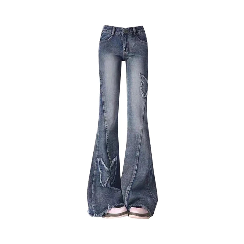 Aiertu Women's Blue Flare Jeans Baggy Vintage 90s Aesthetic Low Waist Cowboy Pants Harajuku Denim Trousers Y2k Trashy Emo 2000s Clothes Aiertu