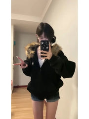 Aiertu Black Zip Up Hoodies Women Vintage Preppy Style Faux Fur Coat Korean Oversized Casual Sweatshirt Harajuku Autumn Winter Aiertu