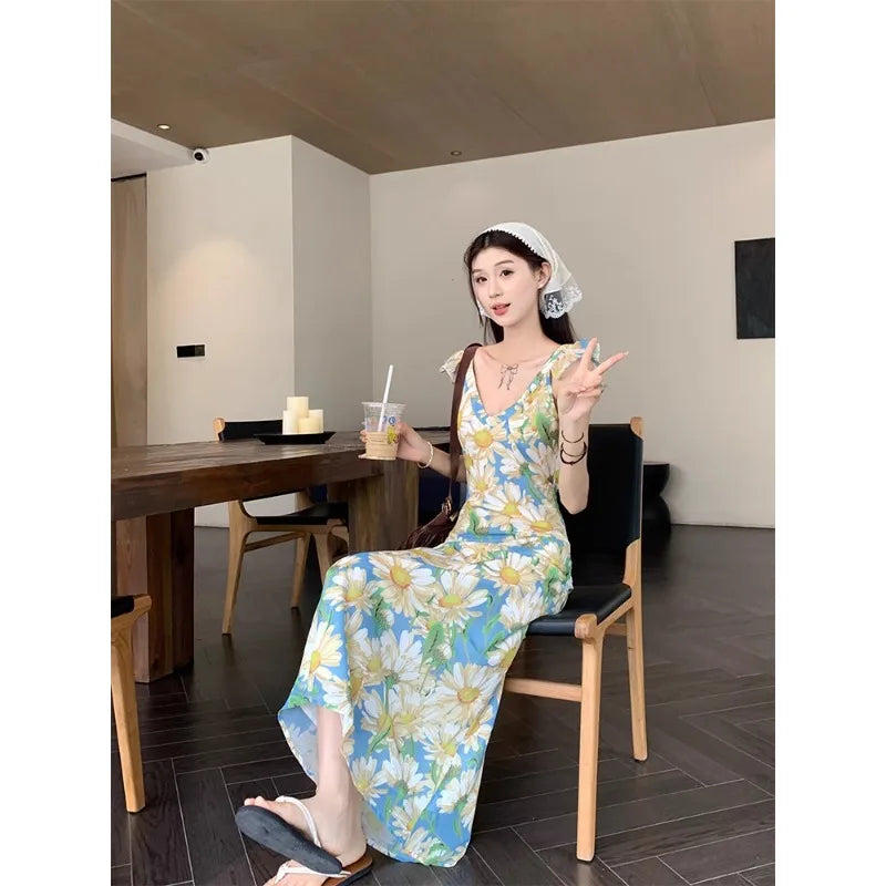Aiertu 2024 Korean Chic Summer Dress Vintage Elegant Print Ruffles V Neck Off Shoulder Beach Dress Chiffon Dresses Long Aiertu
