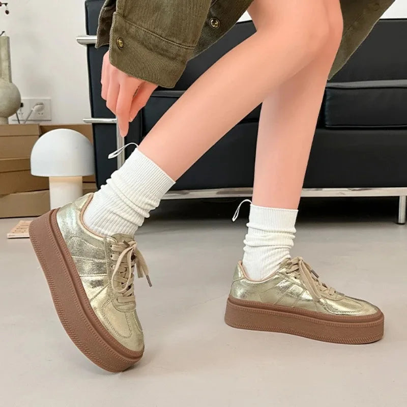 Aiertu 5cm Synthetic Leather Women Vulcanized High Brand Chunky Sneaker Casual Stable Shoes Platform Wedge Skate Boarding Shoes Aiertu