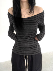 Aiertu Japanese Basic Slim Long Sleeve Stripe Tee Off Shoulder O Neck Korean Street Style Spring Autumn Y2K Gray T Shirt Women Aiertu