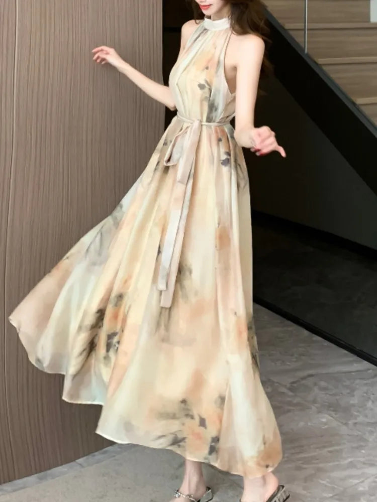 Aiertu Vintage Casual Floral Women Summer Dress Sleeveless Elegant A-Line Party Wedding Clothes Chic Belted Female Vestidos Mujers Aiertu
