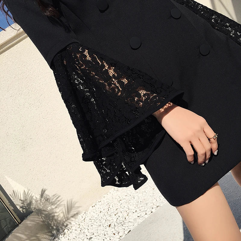 Aiertu Korea Fashion Designer Lace Patchwork Blazer Dress Women Autumn New Lapel Flare Sleeve Double Breasted Slim Waist Suit Clothes Aiertu