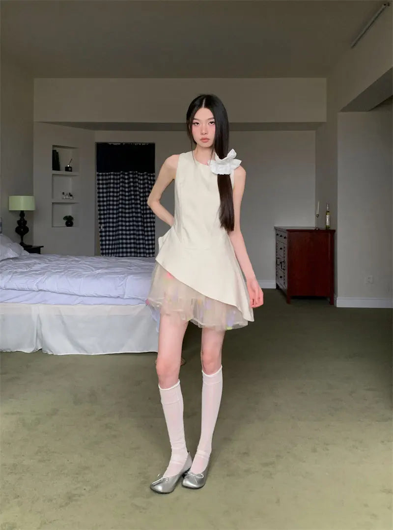 AIERTU  -  Women Dress Mesh Splicing Irregular Edge Design Sleeveless Vest Style Round Neck Solid Color Simple Slim Temperament Short Dress Aiertu