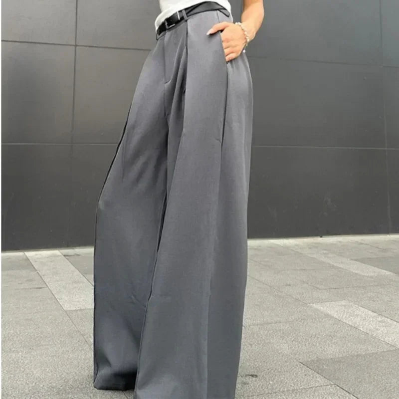 Baggy Casual Grey Suit Pants Woman Korean Fashion Classical Office Ladies Wide Leg Trousers High Waist Basic Pantalone Aiertu