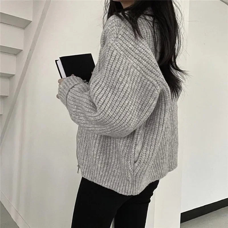 Aiertu Autumn Women's Knitted Jacket New Korean Chic Casual Sweater Coat Solid Color Zipper Thick O Neck Cardigans Women aiertu