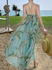 Aiertu Elegant and Chic Women Fashion New Casual Midi Summer Dress Halter A-Line Floral Print Beach Holiday Robe Female Clothes Mujers Aiertu