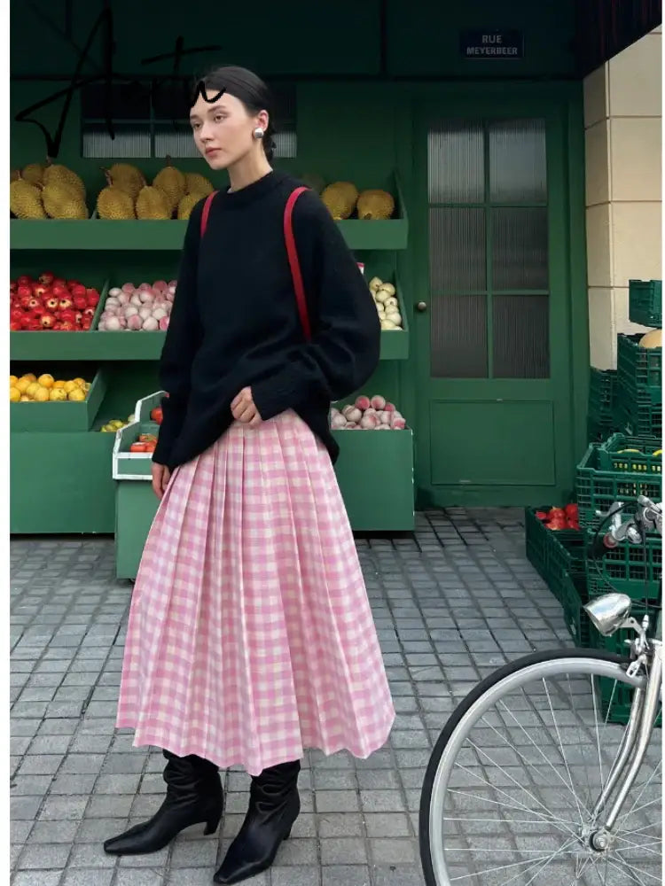 A-line Elegant Pink Plaid Pleated Midi Women Skirt Vintage Korean Fashion Preppy Style Aiertu