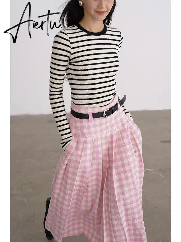 A-line Elegant Pink Plaid Pleated Midi Women Skirt Vintage Korean Fashion Preppy Style Aiertu