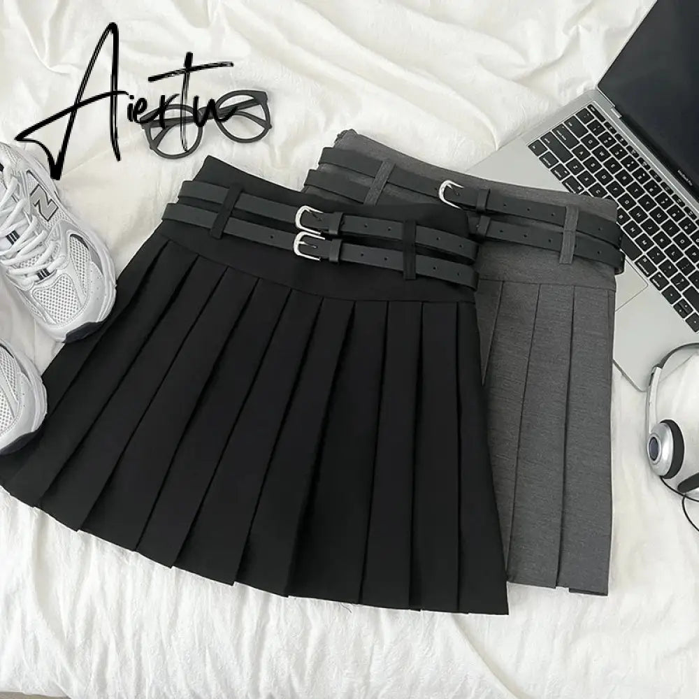 A-line Skirts with Belt Women y2k High Waist Short Skirt Buttons Skirt Female Clothing Female All-match Aiertu