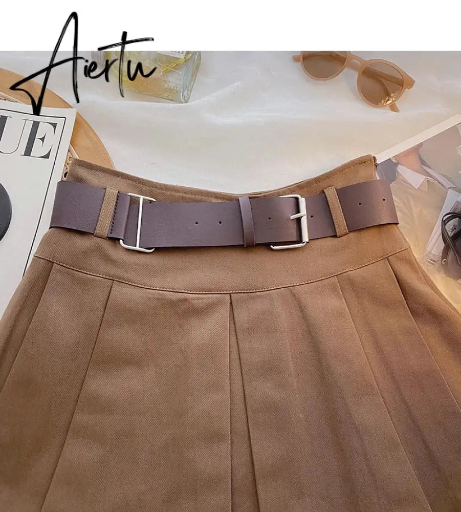 A-line Skirts with Belt Women y2k High Waist Short Skirt Buttons Skirt Female Clothing Female All-match Aiertu