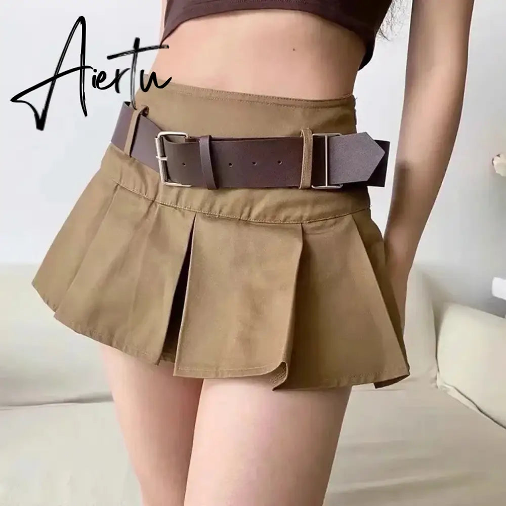 A-line Skirts with Belt Women y2k High Waist Short Skirt Buttons Skirt Female Clothing Female All-match Aiertu