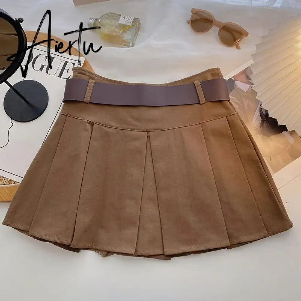 A-line Skirts with Belt Women y2k High Waist Short Skirt Buttons Skirt Female Clothing Female All-match Aiertu