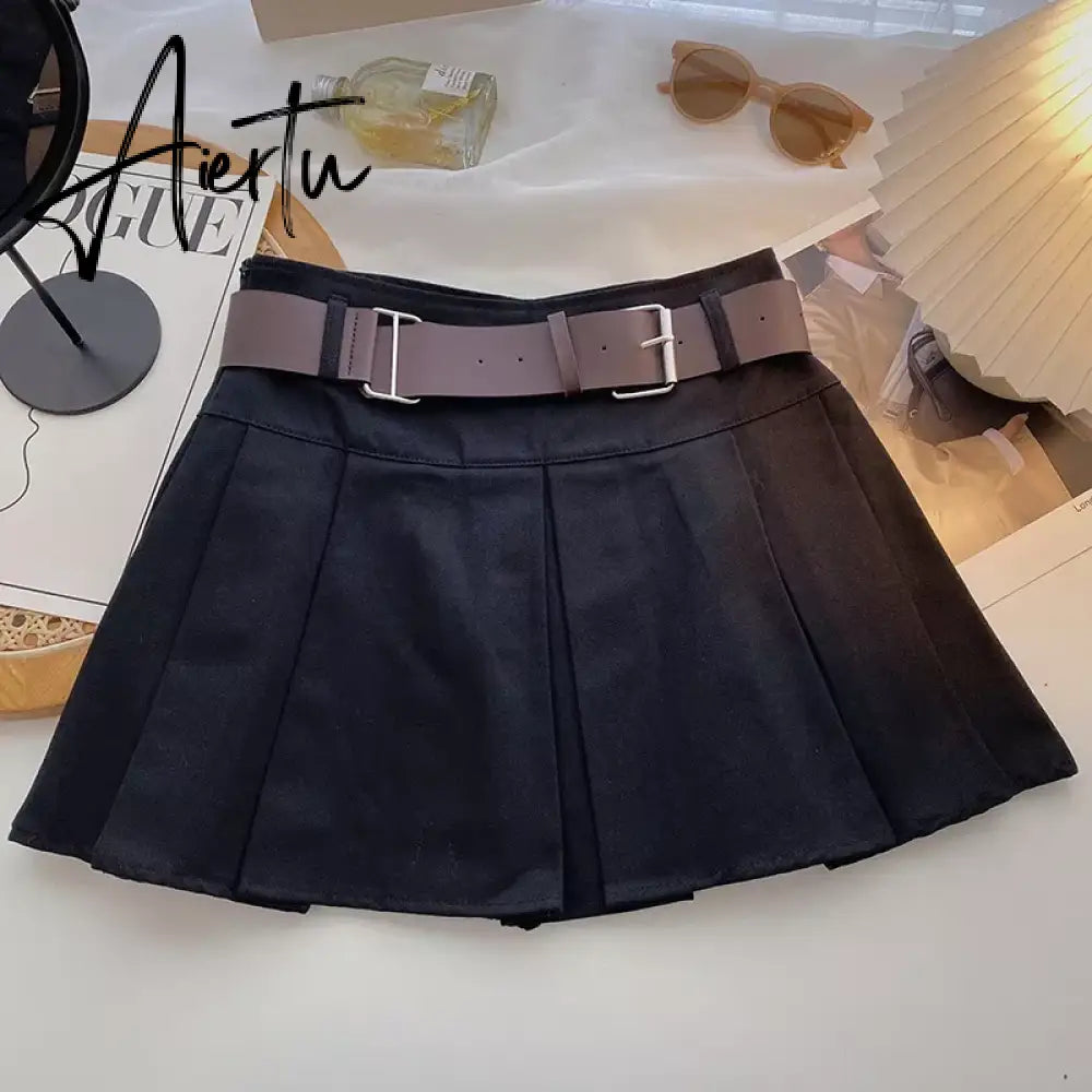 A-line Skirts with Belt Women y2k High Waist Short Skirt Buttons Skirt Female Clothing Female All-match Aiertu