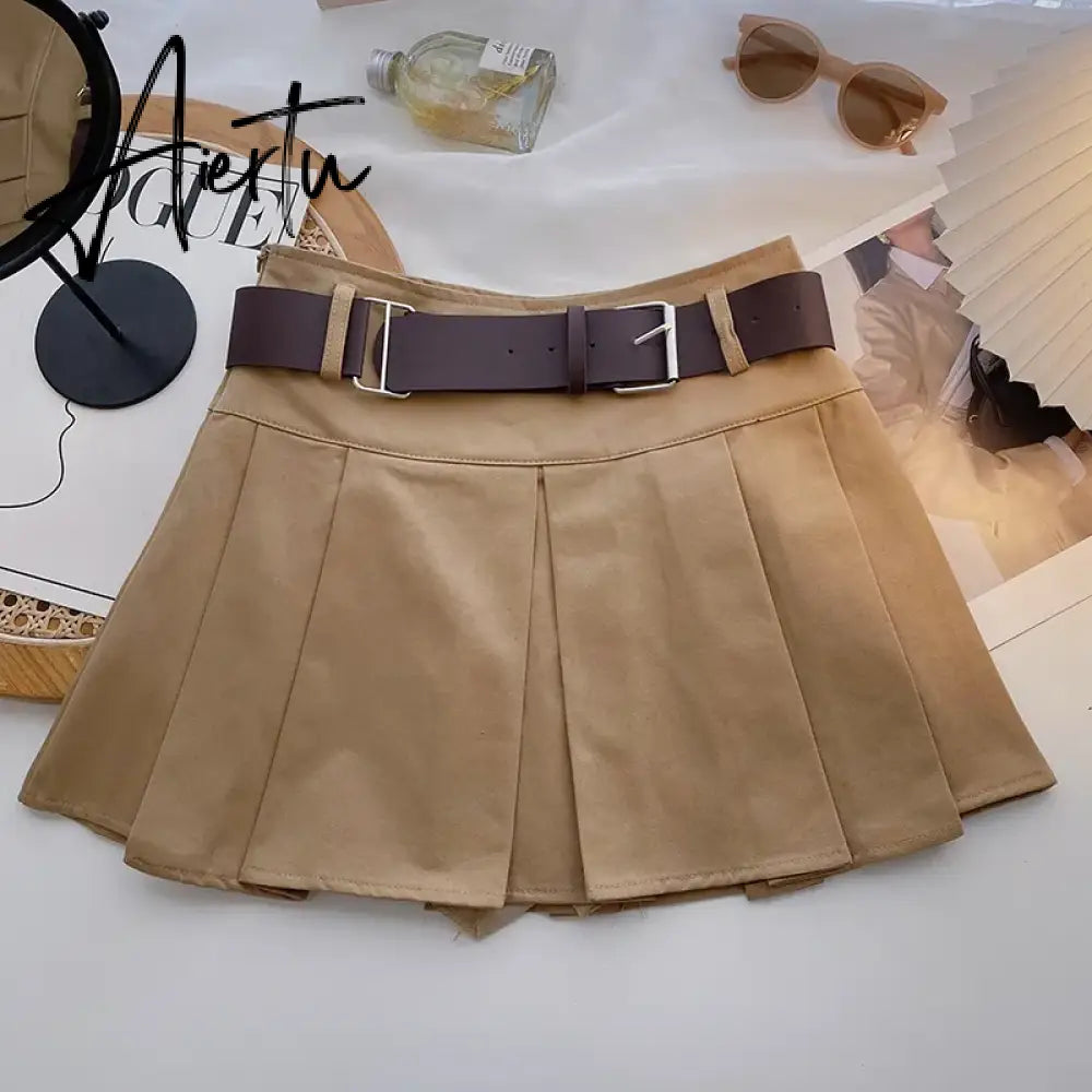 A-line Skirts with Belt Women y2k High Waist Short Skirt Buttons Skirt Female Clothing Female All-match Aiertu