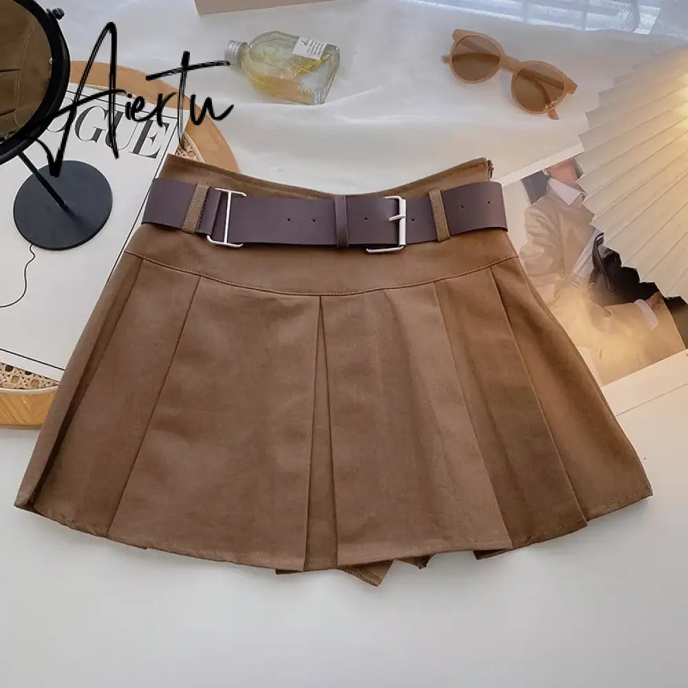 A-line Skirts with Belt Women y2k High Waist Short Skirt Buttons Skirt Female Clothing Female All-match Aiertu
