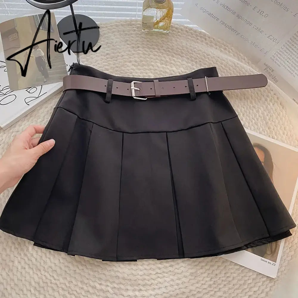 A-line Skirts with Belt Women y2k High Waist Short Skirt Buttons Skirt Female Clothing Female All-match Aiertu
