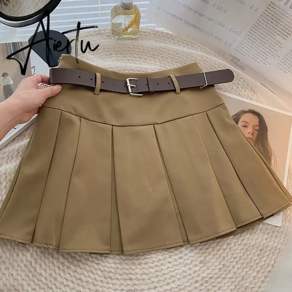A-line Skirts with Belt Women y2k High Waist Short Skirt Buttons Skirt Female Clothing Female All-match Aiertu