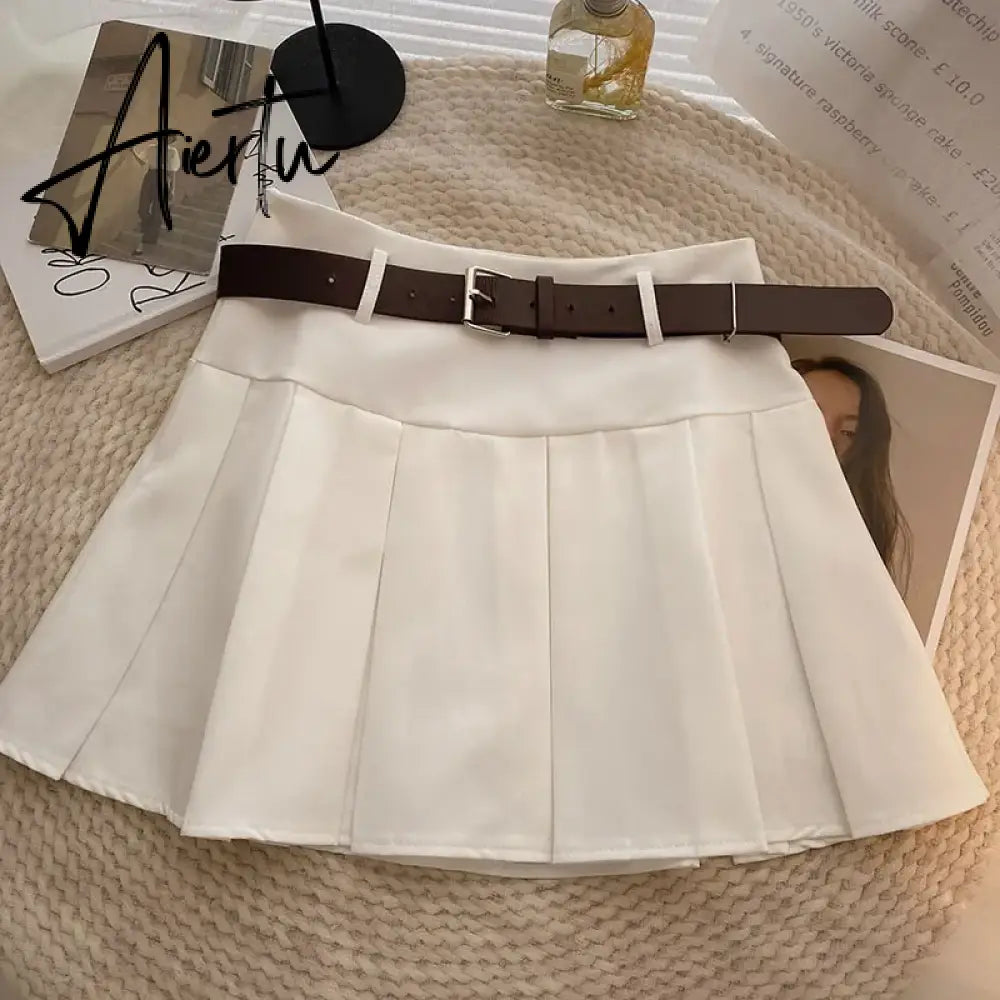 A-line Skirts with Belt Women y2k High Waist Short Skirt Buttons Skirt Female Clothing Female All-match Aiertu