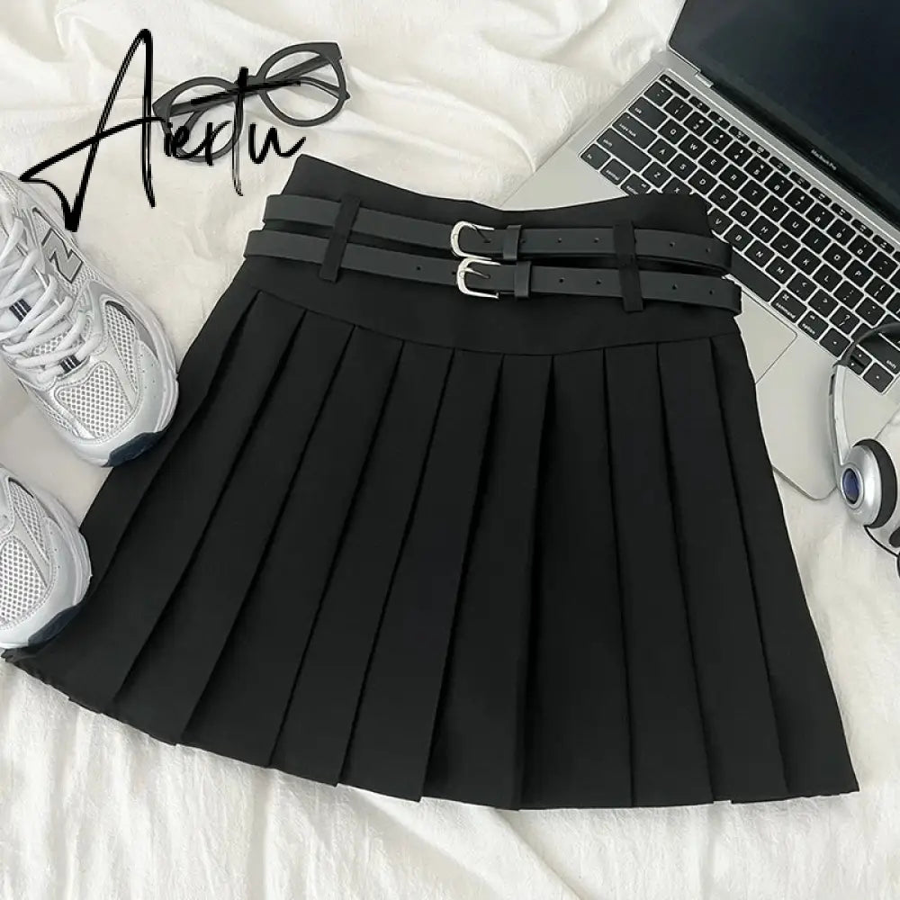 A-line Skirts with Belt Women y2k High Waist Short Skirt Buttons Skirt Female Clothing Female All-match Aiertu