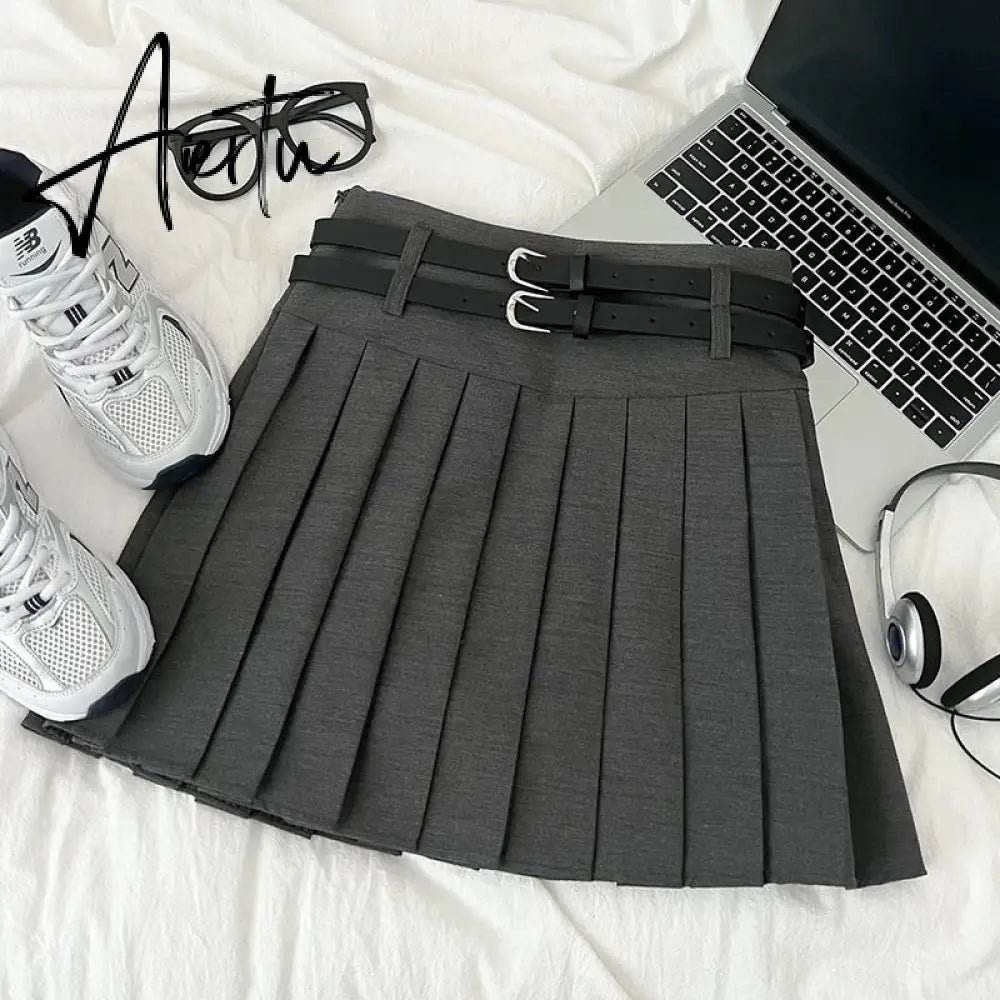 A-line Skirts with Belt Women y2k High Waist Short Skirt Buttons Skirt Female Clothing Female All-match Aiertu