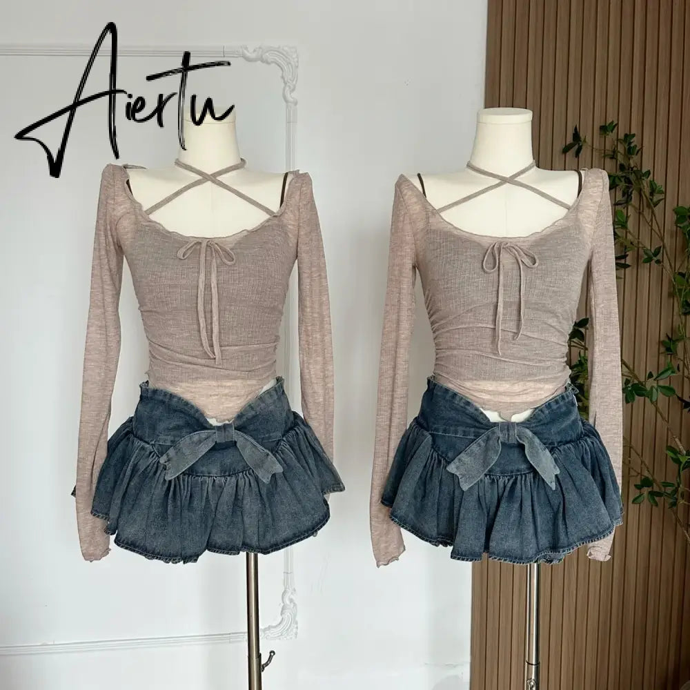 A-line Women Denim Blue Jean Skirts Shorts Summer Bow Hot Girls Mini Skirt Streetwear Sexy Y2k Irregular Kawaii Coquette Aiertu