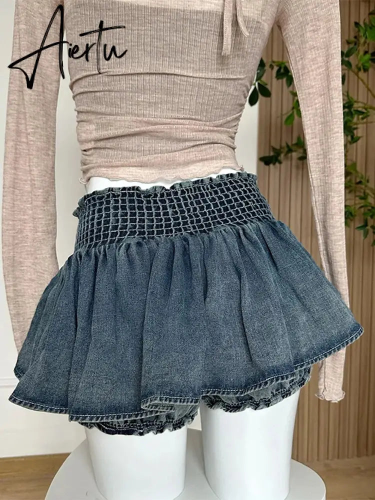 A-line Women Denim Blue Jean Skirts Shorts Summer Bow Hot Girls Mini Skirt Streetwear Sexy Y2k Irregular Kawaii Coquette Aiertu