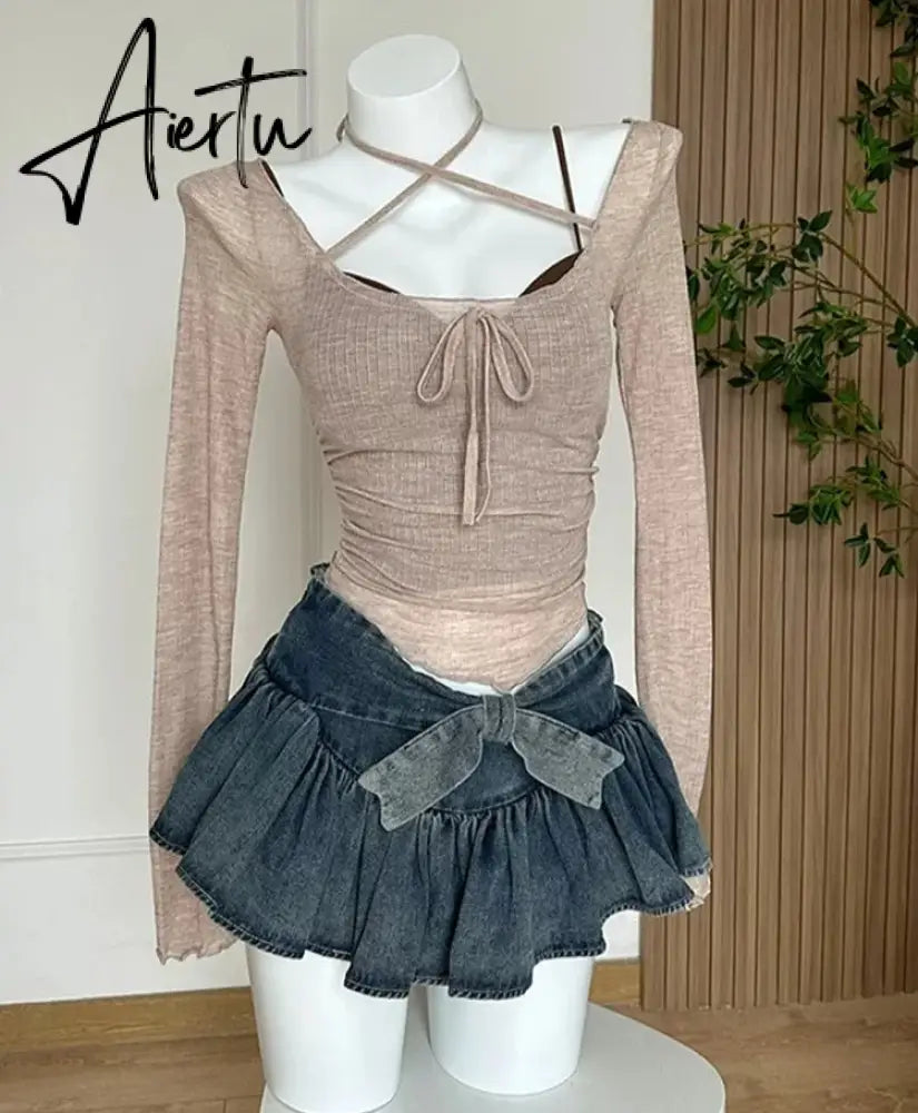 A-line Women Denim Blue Jean Skirts Shorts Summer Bow Hot Girls Mini Skirt Streetwear Sexy Y2k Irregular Kawaii Coquette Aiertu