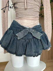 A-line Women Denim Blue Jean Skirts Shorts Summer Bow Hot Girls Mini Skirt Streetwear Sexy Y2k Irregular Kawaii Coquette Aiertu