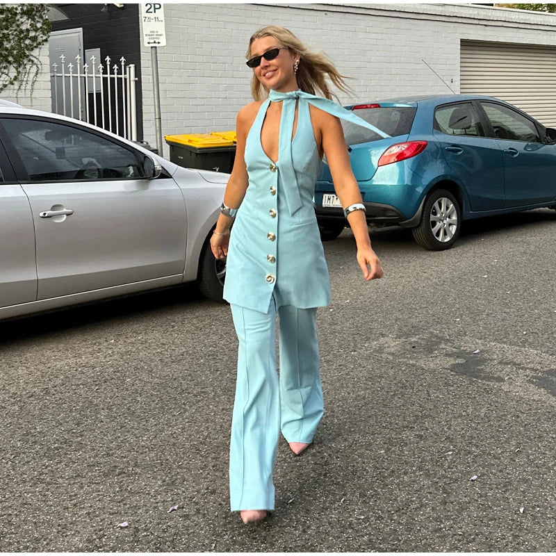 Aiertu  -  Fashion Blazer Suit Women Halter Sleeveless Backless Single Breasted Slim Tank Long Pant Female Set 2025 Spring Summer Lady Sets Aiertu