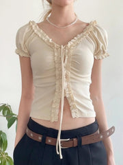 Aiertu  Women Y2k Aesthetic Ruffled Bandage T-shirt Summer Harajuku Fairy Vintage Slim Fit Tees Grunge Cropped Pleated Tops Streetwear Aiertu