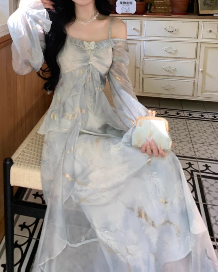 Aiertu French Fashion Print Fairy Long Dresses Women Autumn New Ruffles A-Line Party Birthday Vestidos Female One Piece Clothes Aiertu