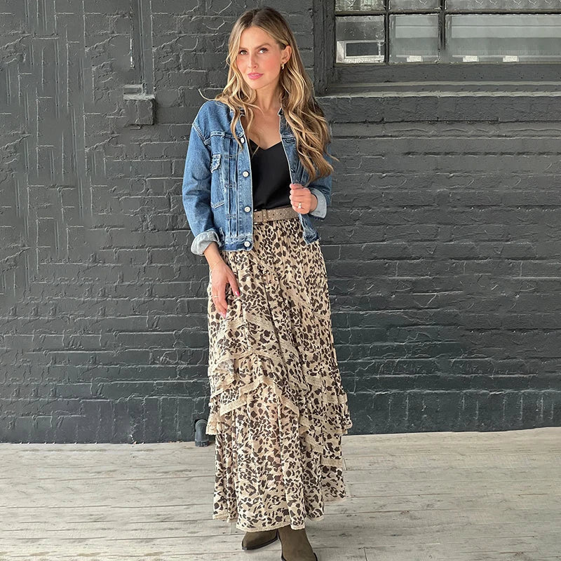 Aiertu  -  Summer New Leopard Printed Maxi Skirt Women's Ruffled Patchwork Fashion Loose High Waist Bandage Female Club Party Skirt Aiertu