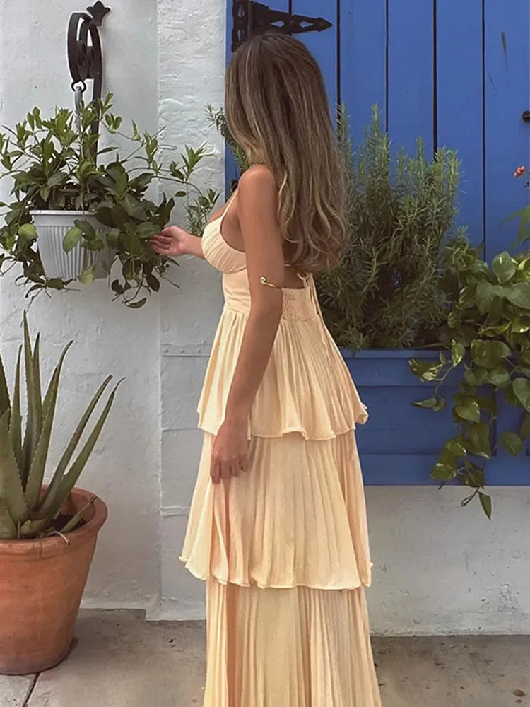 Aiertu  -  layered look inspo Femmale Yellow Sexy V-neck High Waist Bodycon Long Dresses Women Backless Lace Up Multi Layer Maxi Dress 2025 Casual Party Wear Aiertu
